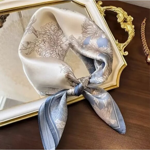 Unbranded Other - ✨Elegant Silky Scarf Blue Beige Floral Leaf Botanical Square Vintage Print Wrap✨